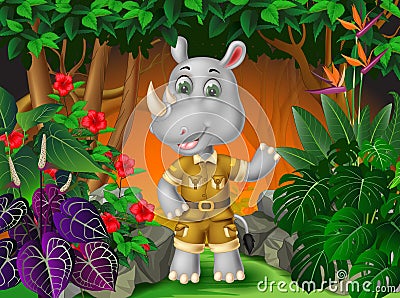 Funny Grey Rhinoceros In the Forest With Tropical Plant Flower Cartoon Stock Photo