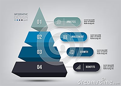 Pyramid 4 step process work flow infographic template Vector Illustration