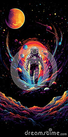 print ready a detailed vector illustration an astronaut lost in galaxy, t-shirt design, Cartoon Illustration