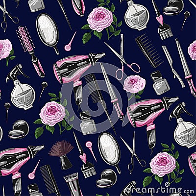 Seamless pattern with hairdresser tools such as hairdryer, comb, scissors, mirror, hair dye and other Vector Illustration