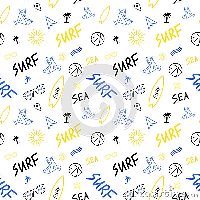 Seamless summer pattern with surf. Colorful vector illustration with surf, fish, wave, sunglasses, balls, and palm. Colorful sea b Vector Illustration