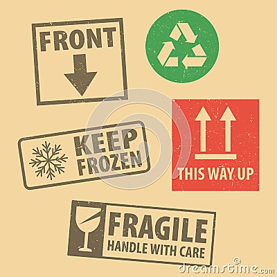 Set of fragile sticker handle with care and case icon packaging symbols sign, keep frozen and this side up rubber stamp on cardboa Vector Illustration