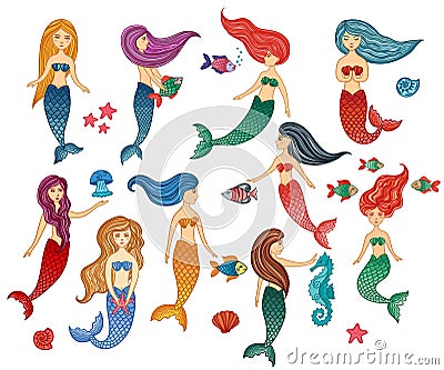 Set of hand drawn cute little mermaid girls, starfish, seahorse, jellyfish, fishes, shells. Vector Illustration