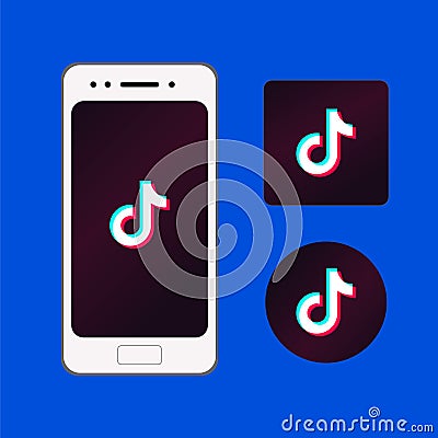 Set of TikTok logo. White smartphone with popular social media TikTok app icon on screen. Vector Illustration