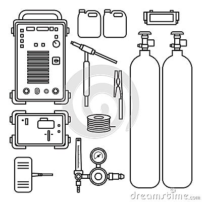 Set of illustration gas welding argon machine with regulator tank torch Cartoon Illustration