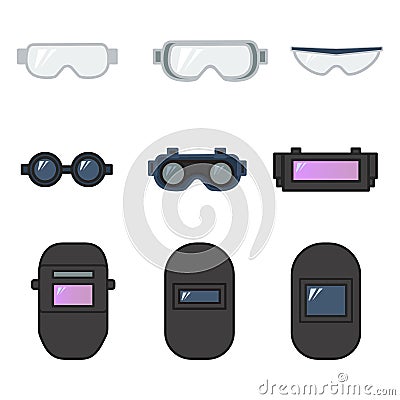 Set of vector illustration safety goggles and welding helmet Vector Illustration