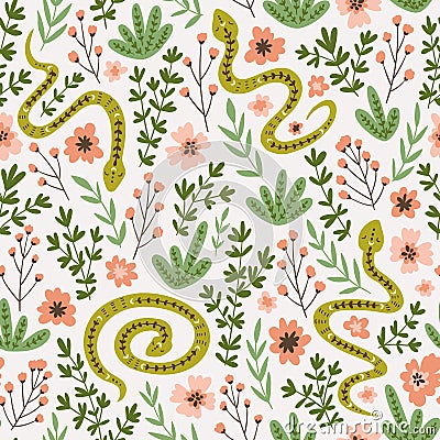 Snakes and flowers. Cute childish fabric design. Vector seamless pattern in hand drawn style. Ethnic background. Vector Illustration