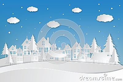 Snow Urban Countryside Landscape City Village. paper art and craft style. Vector Illustration