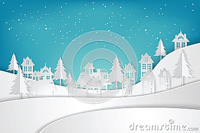 Snow Urban Countryside Landscape City Village. paper art and craft style. Vector Illustration