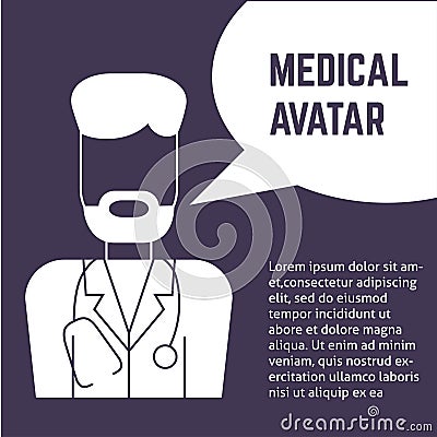 A square vector image with the outline medical avatar of a doctor with a ballon. A vector template for the medical poster or flyer Vector Illustration