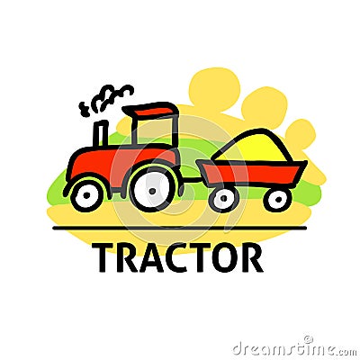 A square vector image of a tractor with a hind carriage in a field. Outline doodle illustration. A cute cartoon design Vector Illustration
