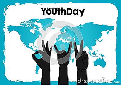 Stock vector international youth day,12 August. circle hands up on world map blue background Stock Photo