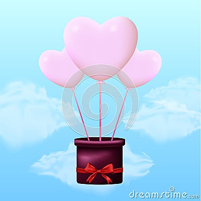 stock vector valentine`s day with pink heart shaped balloons and box love Vector Illustration