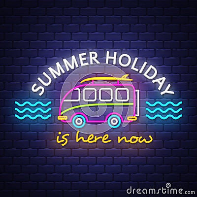 Summer caravan, Summer holiday banner. Neon banner. Neon sign. Vector Illustration