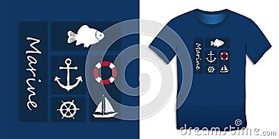 Print on t-shirt graphics design, blue nautical icons collections anchor, fish carp, sailing boat, rudder, lifebuoy, isolated on Vector Illustration