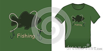 Print on t-shirt graphics design, motive green image, fish carp with rope and hooks, isolated on background Vector Illustration