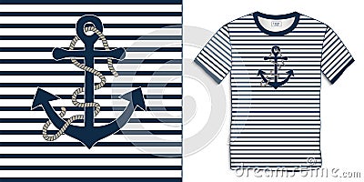 Print on t-shirt graphics design, motive image shirt sailor stripes with anchor and rope, isolated on background Vector Illustration