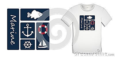 Print on t-shirt graphics design, nautical icons collections anchor, fish carp, sailing boat, rudder, lifebuoy, isolated on white Vector Illustration