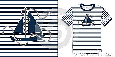 Print on t-shirt graphics design, sailing boat with rope, nautical motive image shirt sailor stripes, isolated on background Vector Illustration