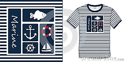 Print on t-shirt graphics design sailor stripes, nautical icons collections anchor, fish carp, sailing boat, rudder, lifebuoy, Vector Illustration