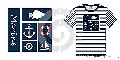 Print on t-shirt graphics design sailor stripes, nautical icons collections anchor, fish carp, sailing boat, rudder, lifebuoy, Vector Illustration