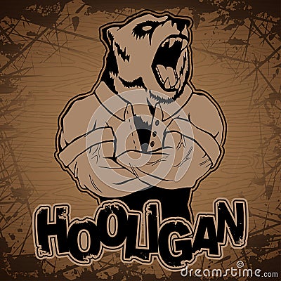 Print on T-shirt hooligan with a bear image on a wooden background. Vector Illustration