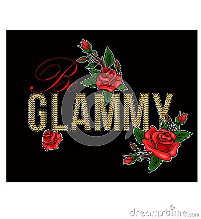 Print for t-shirt with sequins and rose Vector Illustration