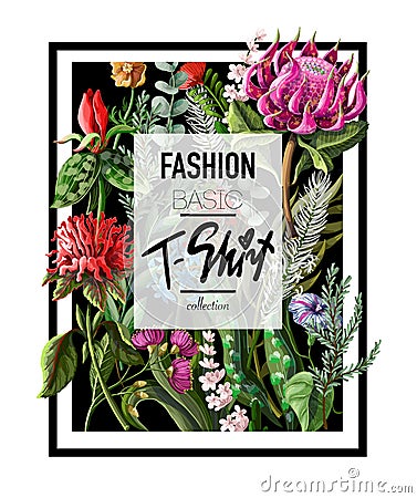 Print for t-shirt with tropical flowers and typographical slogan. Vector illustration. Vector Illustration