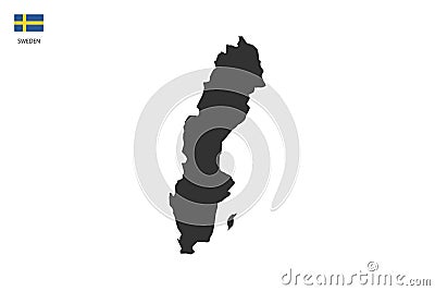 Sweden black shadow map vector on white background and country flag icon left corner Vector Illustration