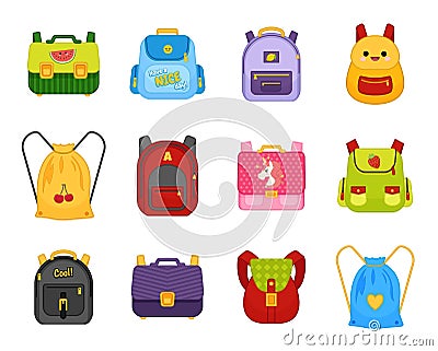 Vector collection of multicolored school backpacks. Vector Illustration