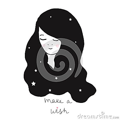 Vector illustration with a beautiful girl with a long hair make a wish Cartoon Illustration