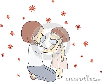PrintVector illustration of family, mother and child wearing face mask during corona virus covid-19 outbreak. Virus protection c Cartoon Illustration