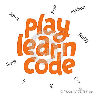 A vector image with a lettering `play learn code`. A children coding theme isolated text with the programming languages Vector Illustration