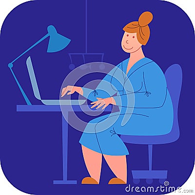 A vector image of a mother working lately at the computer while the baby is sleeping. A part-time job vector. Work and life balanc Vector Illustration