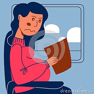 A vector image of a pregmant woman in the transport with motion sickness and dizziness. A color image for a travel poster, flyer Vector Illustration