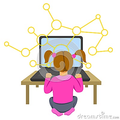 A vector isolated image of a girl sitting at the desk and coding on the laptop making a block chain. Vector Illustration