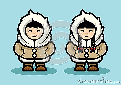 Young Eskimo Cute Couple Character Illustration in Cartoon Style. Arctic people living in north pole flat design Vector Illustration