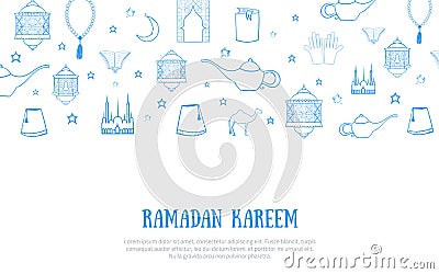 Printable blue minimalistic Ramadan Kareem greeting card vector illustration with sketch lantern, palace, moon Vector Illustration