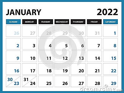 January 2022 Calendar Printable, Calendar 2022, planner design, Desk calendar template, Wall calendar, organizer office Vector Illustration