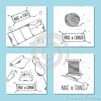 Printable cards for sites in the retro style. Sewing device and equipment for manufacturing and clothing and textiles. Made in Cartoon Illustration