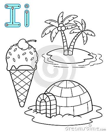 Printable coloring page for kindergarten and preschool. Card for study English. Vector coloring book alphabet. Letter I. island, Vector Illustration