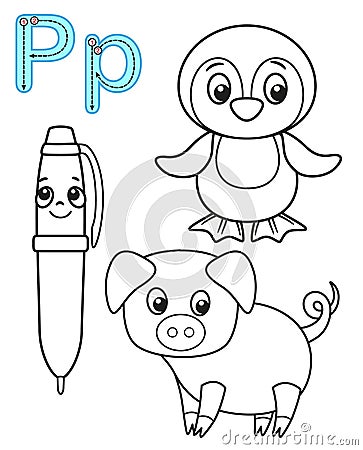 Printable coloring page for kindergarten and preschool. Card for study English. Vector coloring book alphabet. Letter P. pen, Vector Illustration