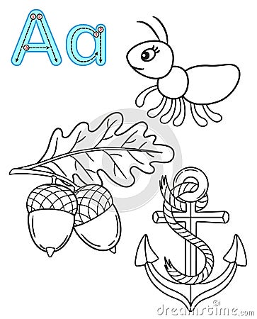 Printable coloring page for kindergarten and preschool. Card for study English. Vector coloring book alphabet. Letter A. Anchor, Vector Illustration