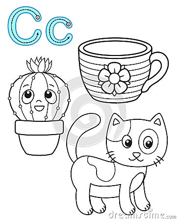 Printable coloring page for kindergarten and preschool. Card for study English. Vector coloring book alphabet. Letter C. Cat, cup Vector Illustration
