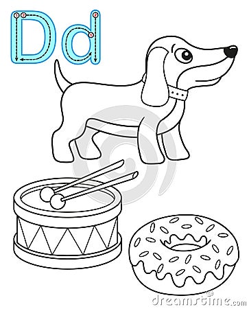 Printable coloring page for kindergarten and preschool. Card for study English. Vector coloring book alphabet. Letter D. dog, drum Vector Illustration