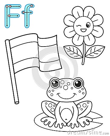 Printable coloring page for kindergarten and preschool. Card for study English. Vector coloring book alphabet. Letter F. flag, Vector Illustration