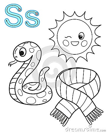 Printable coloring page for kindergarten and preschool. Card for study English. Vector coloring book alphabet. Letter S. scarf, Vector Illustration