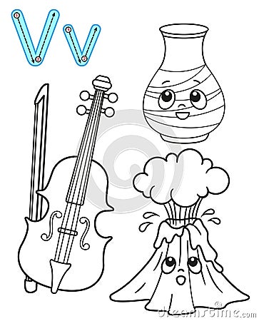 Printable coloring page for kindergarten and preschool. Card for study English. Vector coloring book alphabet. Letter V. vase, Vector Illustration