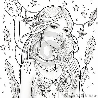 Printable Colouring Page . Lineart with girl and.feathers Stock Photo