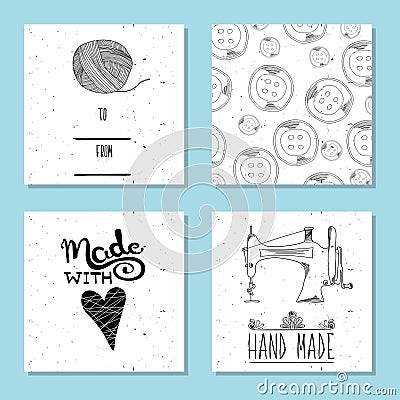 Printable cute cards for sites in the retro style of Hand-drawn. Sewing device and equipment for manufacturing and clothing and te Cartoon Illustration